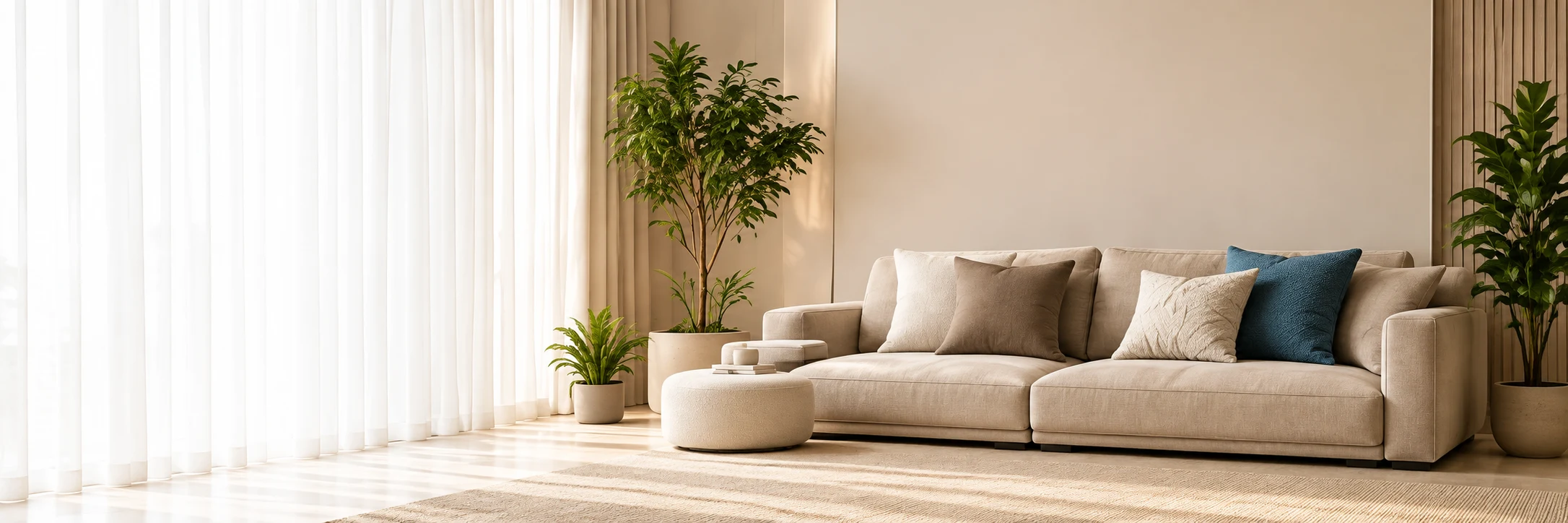 Sala iluminada com sofá bege, almofadas azuis e plantas
